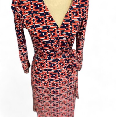 Felicity & Coco Art Deco Print Tie Waist Wrap Dress 3/4 Sleeve Size XS Coral Red