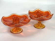 Vtg Viking Glass Wavy Orange & Yellow Taper Candle Holders Footed Handkerchief