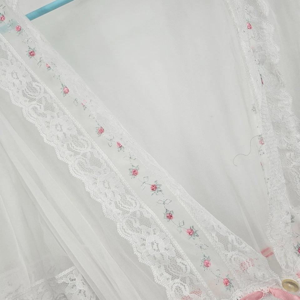 Vintage Gilead 70s Robe White Sheer Lace Floral Embroidered Maxi Dreamy Sz M - Image 3 of 4