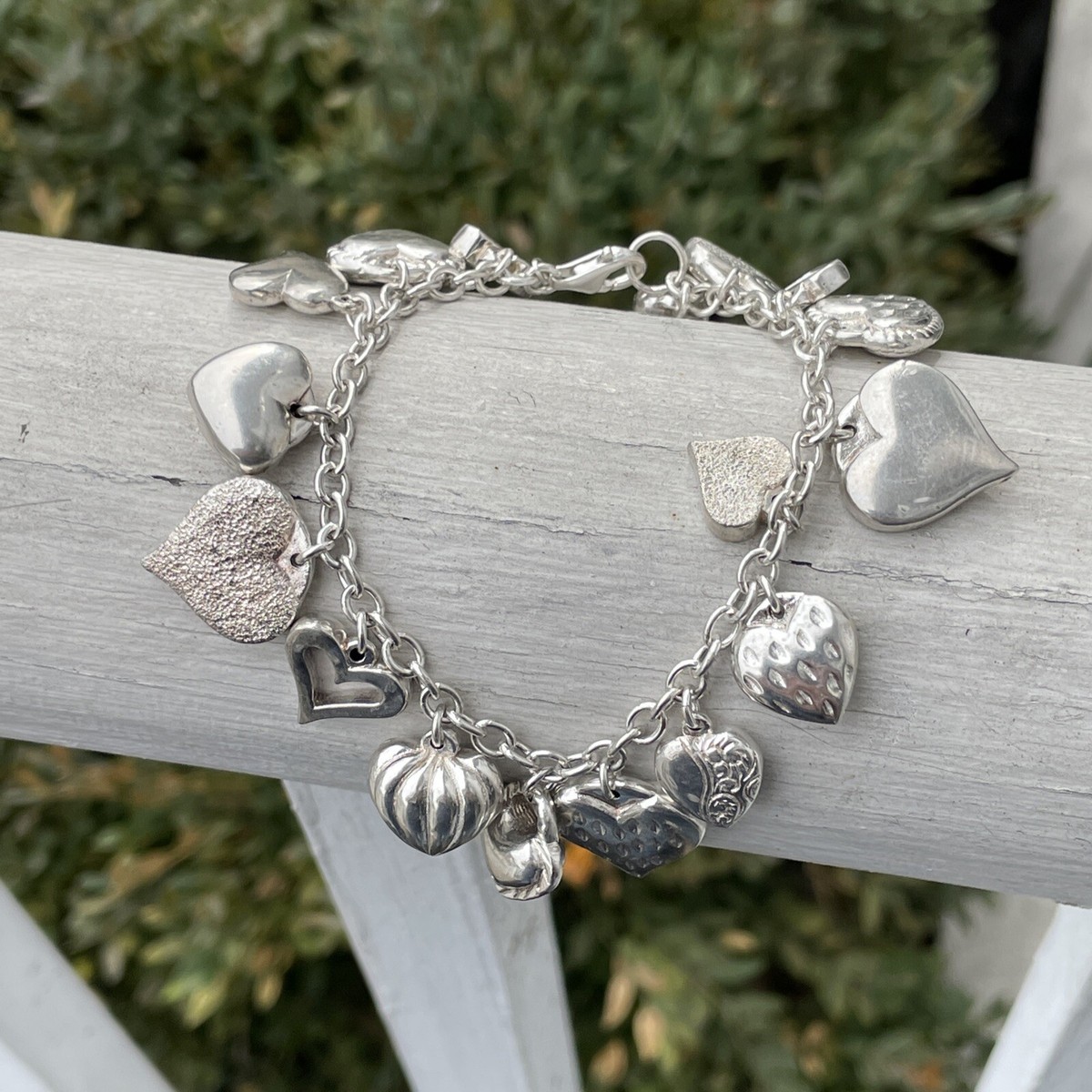 JCM MAURITIUS STERLING SILVER 925 PUFFY HEART CHARM BRACELET 17 CHARMS 7”