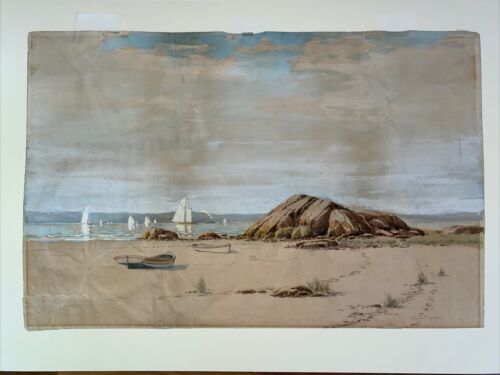 AMERICAN JOHN HUFFINGTON Signed Original ANTIQUE Painting Ocean Seascape Sailing