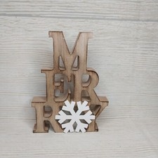New "Merry" Snowflake CutOut Wood Block SIGN Table Decor Winter Christmas
