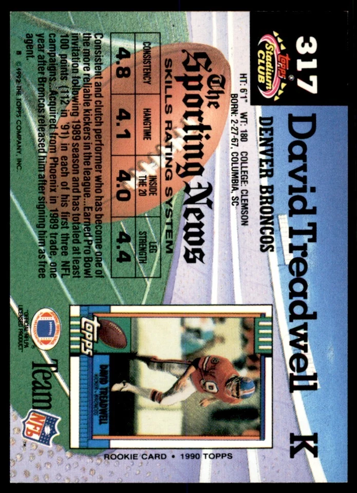 1992 Stadium Club David Treadwell Football Cards #317 - Image 2 of 2