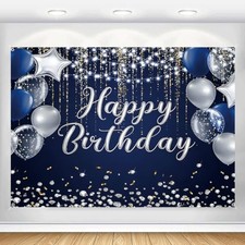 Happy Birthday Backdrop for Men Boys Banner 7x5ft Navy Blue and Silver