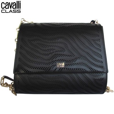 $385 Roberto Cavalli CLASS black small shoulder bag with geometric zebra cut-out