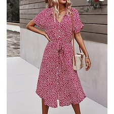 Shein Women's Boho Belted Ditsy Floral Button Front Midi Dress Size 10 Red White