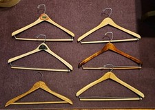 6 Vintage Wooden Suit Hangers. 17.5 Inches Wide. Good Used Condition.