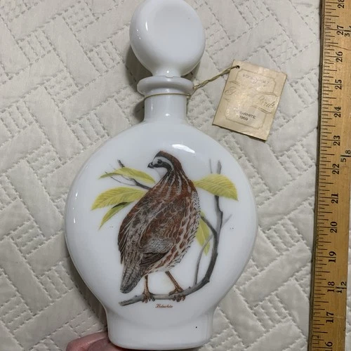VTG J.W. Dant Field Birds EMPTY whiskey decanter Bobwhite Quail 1969 Milk Glass