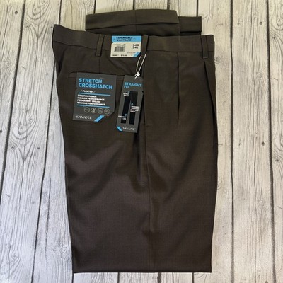 Savane Men's 34x34 Stretch Crosshatch Pleated Cuffed Dress Pants Brown NWT.