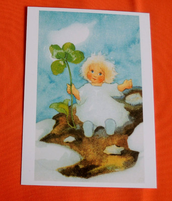1x Postkarten Mili Weber Glücksklee Blumenkinder Kind Kunst A6 Kleeblatt Glück