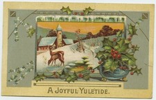 A Joyful Yuletide Holly Frame Winter Scene 1911 Antique Postcard Embossed
