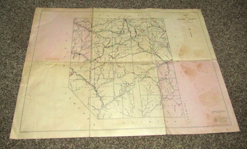 Vintage 1932 PENNSYLVANIA HIGHWAY DEPT. Potter County Map on Fabric (24x19 Size)