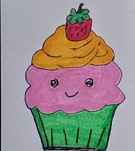 ACEO Original Art Card ATC Watercolor OOAK Signed Cupcake With Strawberry By GAT