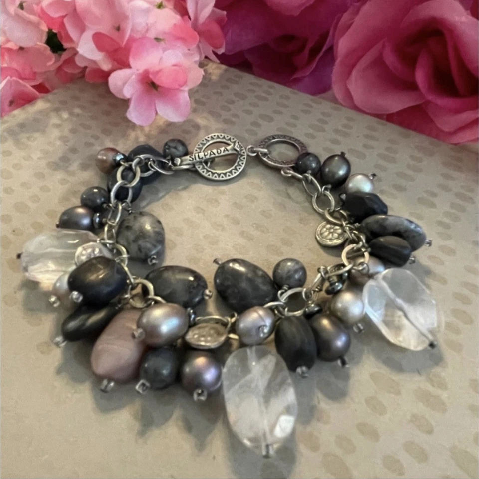 Silpada Hematite, Glass, Pearl, Shell Cha~Cha Sterling Silver Bracelet B1777 - Image 2 of 4