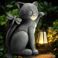Solar Powered Cat Garden Statue Lighted Lantern Sculpture Outdoor Yard Art Decor