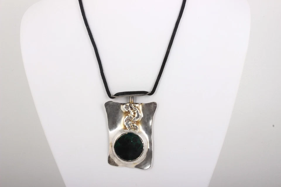 SILVER MALACHITE LARGE TWO-TONED PENDANT BLACK ROPE NECKLACE FINE 6705B - Изображение 4 из 4