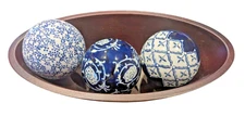Pier 1 3 Blue White Ceramic 3.68 Orbs Carpet Balls Decor Chinoiserie w/Wood Dish