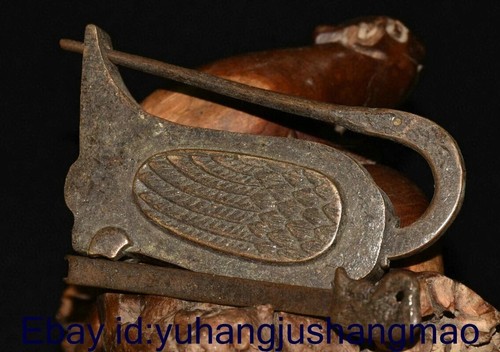 3.8" Old Chinese Copper Carving Dynasty Palace Swan Crane Key Lock Set - Picture 9 of 9