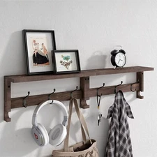 VERTORGAN Coat Hooks, Wood Rack Wall-Mounted, 10 Hooks (Brown)