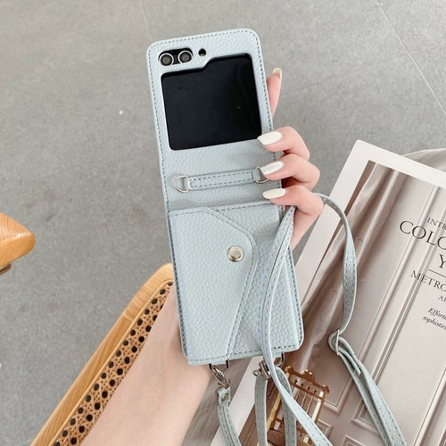Leather Lanyard Case For Samsung Galaxy Z Flip6 Flip5 Flip4 3 Card Wallet Cover - Picture 12 of 22