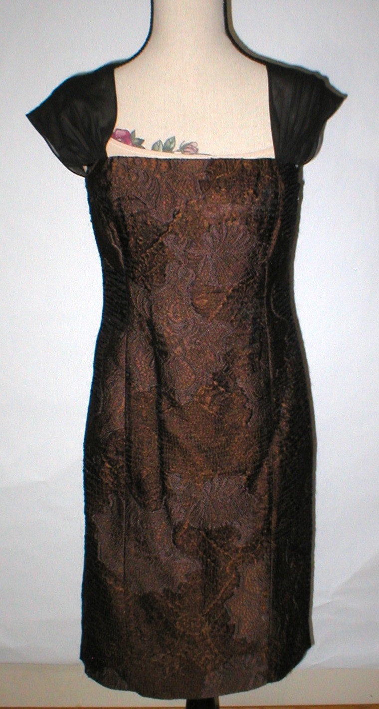 Womens NWT $798 Worth New York 4 Dress Copper Brown Chiffon Sheath Black Silk 