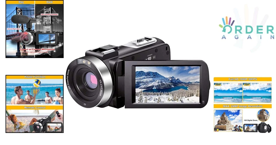 Full HD Video Camera Camcorder 24MP Night Vision 16X Zoom with Mic Remote - Image 2 of 4