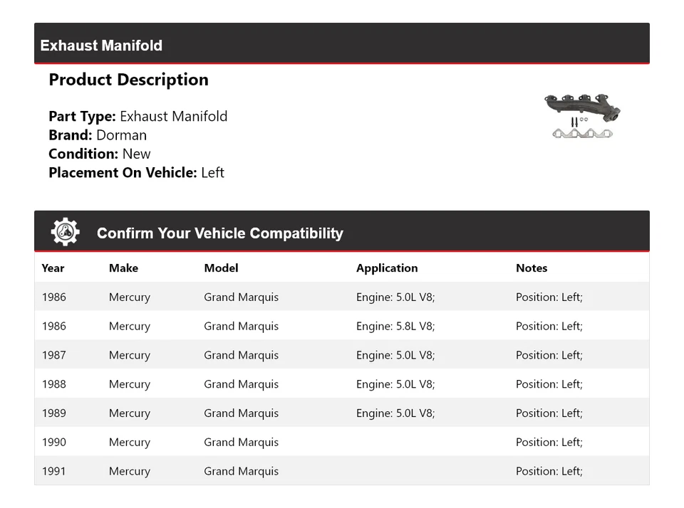 Colector de escape izquierdo para Mercury Grand Marquis Dorman 1986-1991 1987 1988 1989 Foto 2 de 4