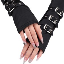 Women's Punk Long Fingerless Gloves Gothic Bracers Arm Warmer Buckle Mittens