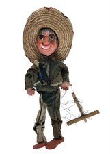 Mexican Mariachi Sombrero Man String Marionette Puppet Composition Head 16" 1950