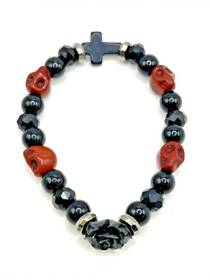 Día de los Muertos 7'' Red Skulls/Black Rose/Cross/Glass Beaded Stretch Bracelet