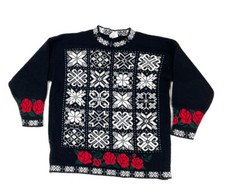 VTG 90s Geometric Snowflake Roses Pullover Sweater USA Made Holiday 80s L