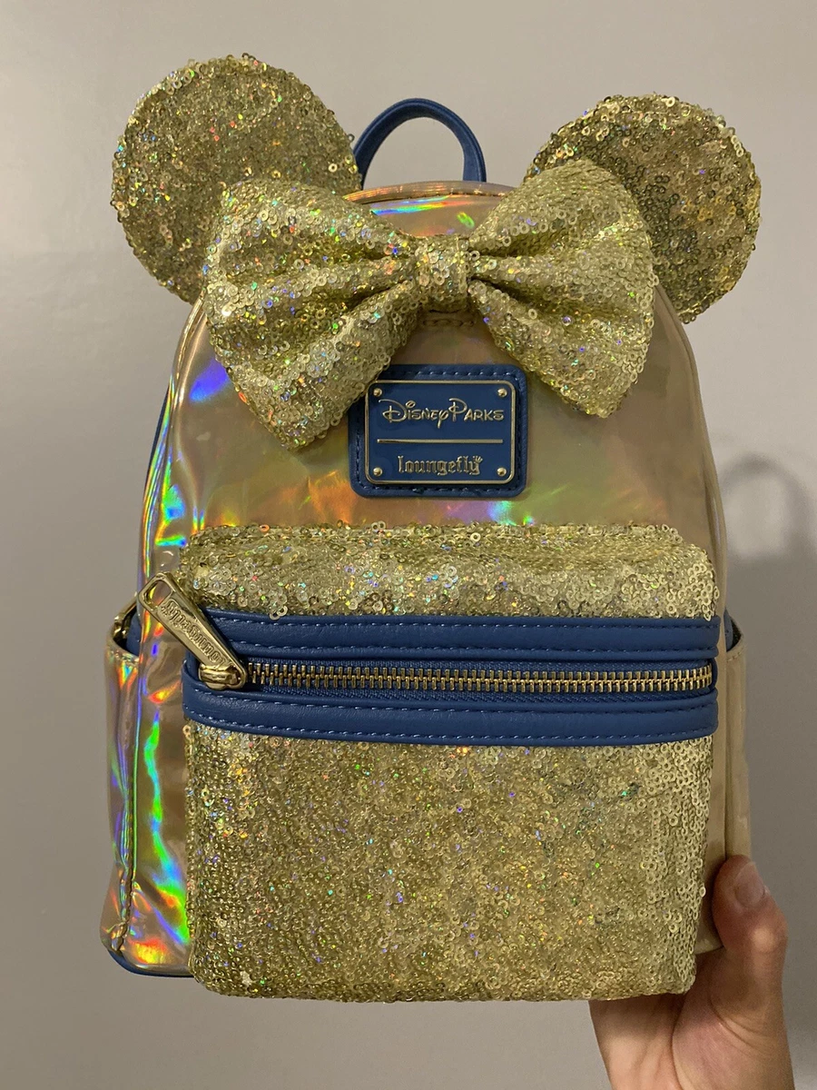 Disney Loungefly Minnie Yellow Blue Gold Earidescent Sequin Shiny Backpack
