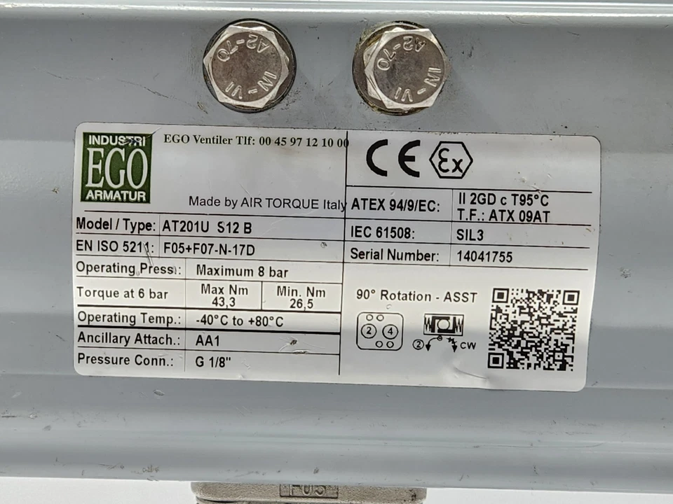 AIR TORQUE STARLINE AT201U S12B PNEUMATIC ACTUATOR WITH BALL VALVE 135SGS - Image 2 of 4