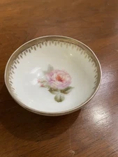 Vintage Bavaria Porcelain Footed Trinket Dish Rose Floral Gold Trim Germany