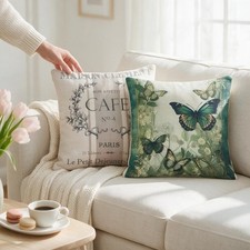 Set Of 2 Square Pillow Covers Butterfly Floral French Cafe Paris Theme 17.5in Set Of 2 Square Pillow Covers Butterfly Floral French Cafe Paris Theme 17.5in