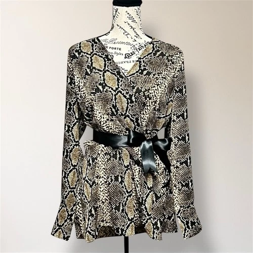 Boston Proper M Snake Print Satin Wrap Blouse Belted Long Sleeve Dressy Top