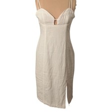 Linen Blend Double Strap Mini Dress Off White Sweetheart Keyhole Slit Bridal l