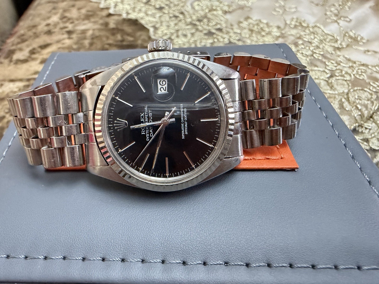 Rolex Datejust 16234 Black "Silver Text" Chapter Ring Jubilee White Gold Bezel