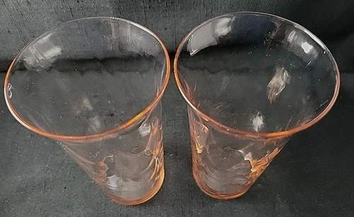 Vtg Set Of 2 Peachy Pink Depression Glass 10 oz. Tumblers 5.5" T (Small bubbles)