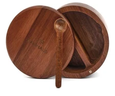 Naluhaus Acacia Wood Salt and Pepper Bowl Box Magnetic Swivel Lid Spoon 9.5 oz