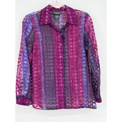 NOTATIONS Sz PM Sheer Plaid Button Up Shirt Women's Purple Pink Long Sleeve