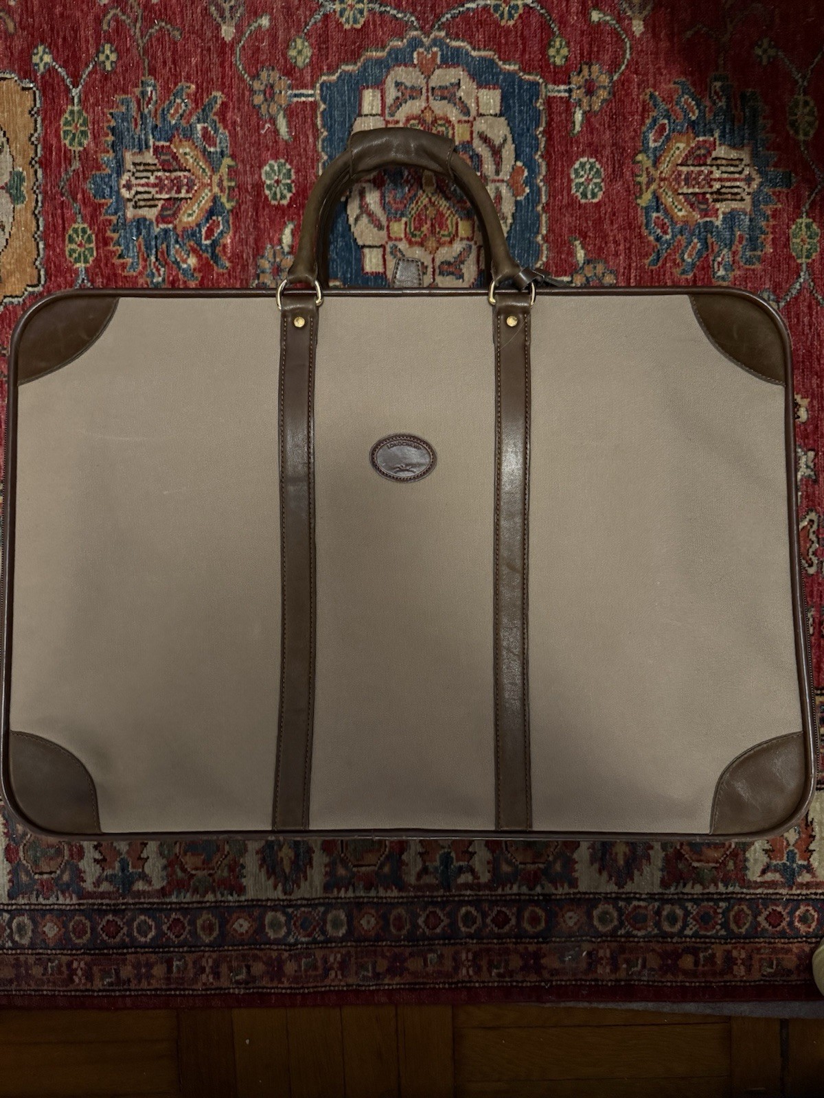 Longchamp VTG Boxford Brown Leather Trim Travel Luggage Roll
