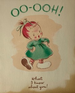 Vintage BROWNIE Birthday Card OO-OOH! What I Know About You! Pretty Redhead Girl