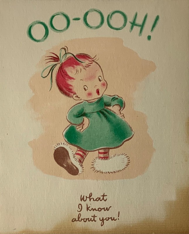 Vintage BROWNIE Birthday Card OO-OOH! What I Know About You! Pretty Redhead Girl