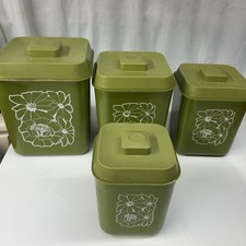 VTG 70?s Avocado Green Daisy Kitchen Cannister Set Of 4 Nesting