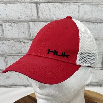 Huk Red White Canvas Meshback Medium Large Stretch Fitted Fishing Hat Cap
