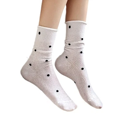Women Vintage Dots Cotton Crew Socks Hollow Out Breathable Mesh Roll Cuffs Socks - Image 1 of 4