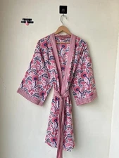 Indian Pink Floral Cotton Robe Short Kimono Sleepwear Night Suit Kimono Robe US