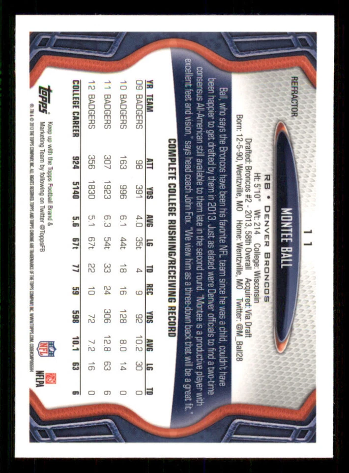 2013 Topps Chrome Refractors #11 Montee Ball - Image 2 of 2