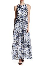 VINCE CAMUTO White Blue Abstract Print Lattice Inset Lace A-Line Maxi Dress 4